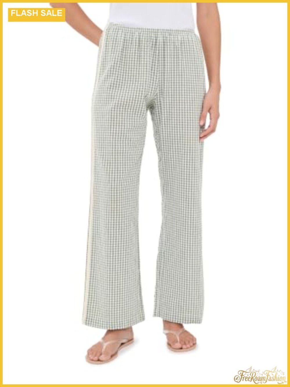 Cotton Gingham Stripe Crop Pants High Rise Straight Cropped